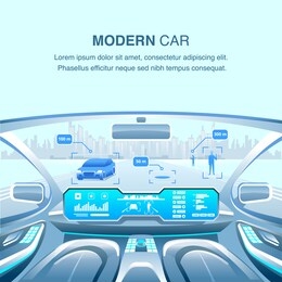 modern car driverless view. vector illustration. unmanned people safe artificial intelligent auto transport system commercial square banner. advanced autonomous smart vehicle with futuristic interior.