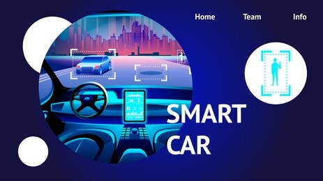 smart car interior. vector illustration of artificial intelligence driverless safety system with hud interface. futuristic automobile cockpit wit gps highway transport display control.
