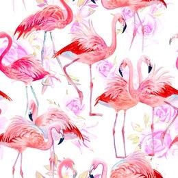 seamless pattern watercolor roses with pink flamingo birds hand draw illustration.