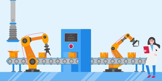 smart industry 4.0 and technology assembly line flat style design vector illustration concept. production conveyor belt and operator production line with robot arms, cardboard boxes and automated line