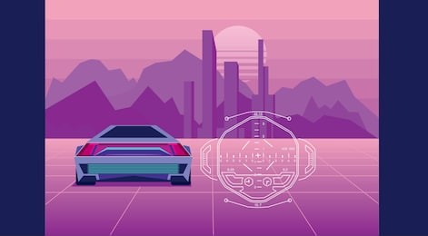 driving outdoor machine vision system concept, computer simulation of real world or cyberspace. rear view car with holographic hud and earth surface relief on the background. vector
