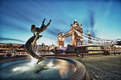 tower bridge and st katharine docks girl with a dolpin fountain