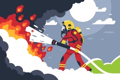 flat fire fighting man puts out fire. concept brave profession, helping service with burn. vector illustration.
