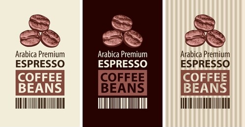 vector set of coffee bean labels. coffee labels with three coffee beans, barcode and text. espresso