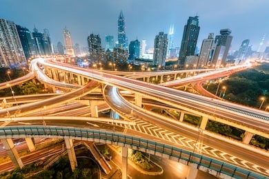 shanghai skyline urban highway overpass, modern traffic background.