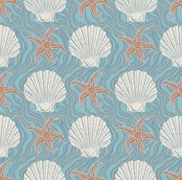 seamless pattern with shells and starfishes on a fond imitating the surface of swirling water