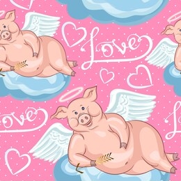 valentine's day. seamless pink background with cute angels-pig, hearts, clouds, arrows. the inscription is handmade-love.