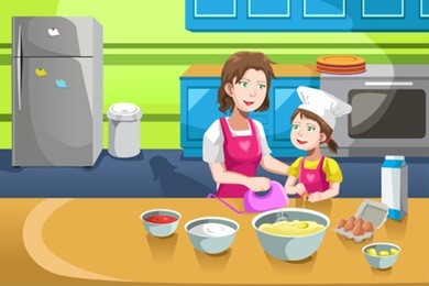 a vector illustration of mother and her daughter baking in the kitchen