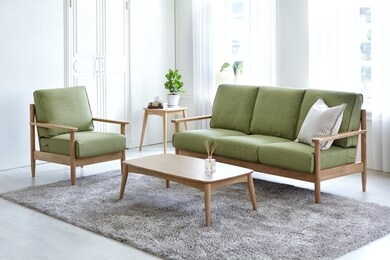 scandinavian style livingroom with fabric sofa, sofa table. 