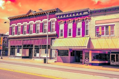 futuristic neon glow colorful downtown main street usa small town business storefronts
