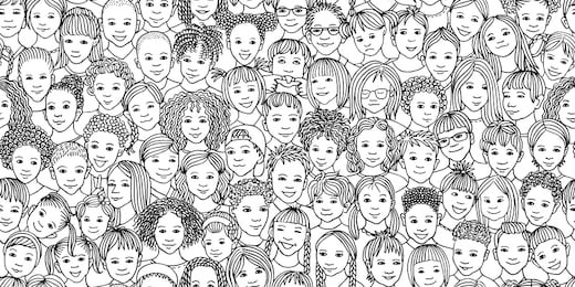 diverse group of children - seamless banner of 70 different hand drawn kids' faces, kids and teens of diverse ethnicity