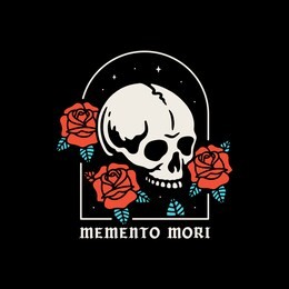 skull with roses memento mori color black background