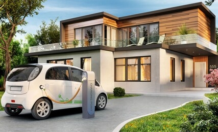 luxury modern house and electric car. 3d rendering