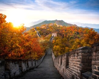 chinese great wall in autumn and sunset, mountain and landmark very famous for travel near beijing city, wall big one on the world, china, asia