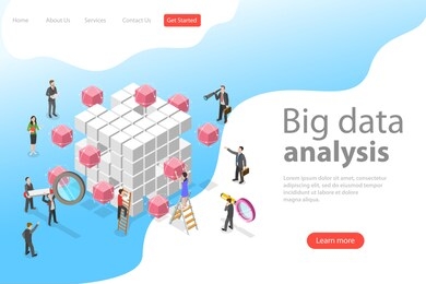 flat isometric concept of advanced analytics, database research, big data analysis.