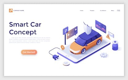 landing page with smart car on giant smartphone and place for text. electric automobile with remote control, innovative technology. isometric vector illustration for website or web advertisement.