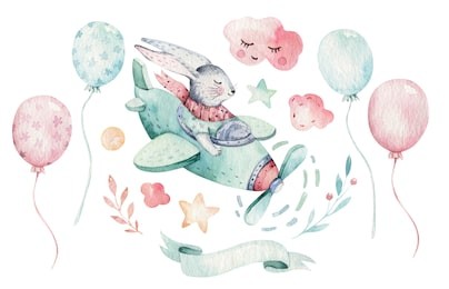 hand drawing fly cute easter pilot bunny watercolor cartoon bunnies with airplane. turquoise watercolour animal rabbit art flight illustration