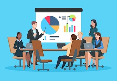 business meeting. flat people on presentation conference. businessman at project strategy infographic. team seminar vector concept