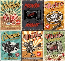 cinema set of posters.  vintage illustration.