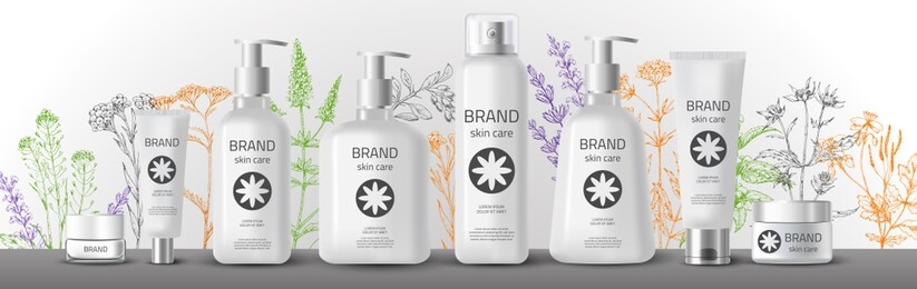 natural herbal organic cosmetic. 3d realistic ads illustration: cream, tube, spray, bottle, herbs, flowers. skin care mockup product. vector medical background. sketch hand drawn pharmacy plants.