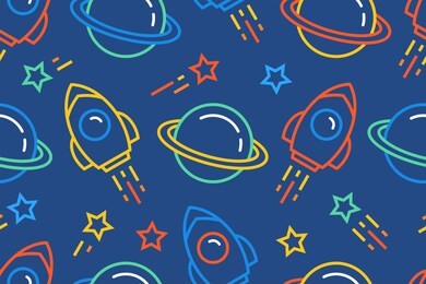 seamless pattern with space, rockets, planets and stars