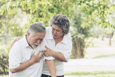 senior male asian suffering from bad pain in his chest heart attack at garden park , wife supporting husband - elderly couple senior heart disease