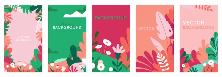 vector set of abstract backgrounds with copy space for text - bright vibrant banners, posters, cover design templates, social media stories wallpapers with spring leaves and flowers