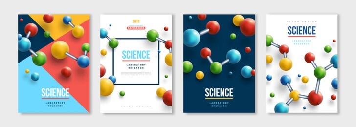 vertical banners set with colorful 3d molecules. vector design layout for business presentations, medical flyers, posters and science brochures. molecular structure with spherical particles
