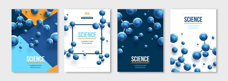 vertical banners set with blue 3d molecules. vector design layout for business presentations, medical flyers, posters and science brochures. molecular structure with spherical particles