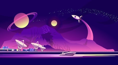 vector horizontal illustration. scientific space base on the background of mountains, another planet, saturn is seen in the sky, space shuttle takes off