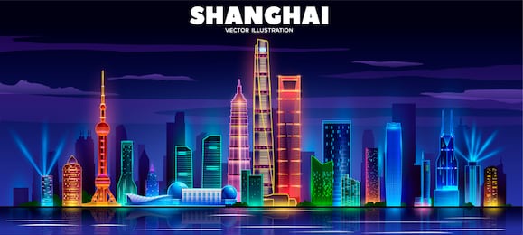 shanghai night skyline on a black background. flat vector illustration. business travel and tourism concept with modern buildings. image for banner or web site.