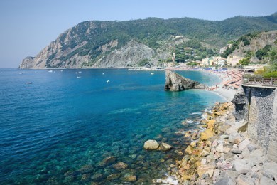 panorama of monterosso al mare beach, in summer season, a coastal village and resort in cinque terre, liguria, italy. 