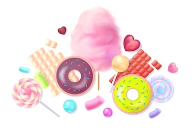 collection of 3d sweets, confectionery and desserts isolated on white background