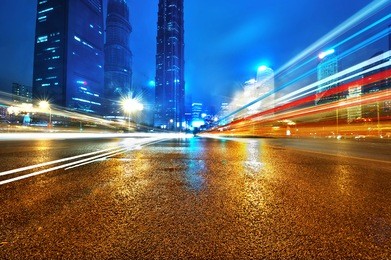 the light trails on the modern building background in shanghai china