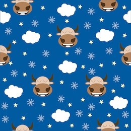 vector image seamless pattern bull with many clouds,stars and snowflake on blue background