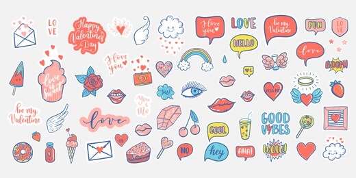 vector hand drawn fashion elements for wedding, valentine's day, love prints background. labels, speech bubble, heart, arraw, wings, flowers set