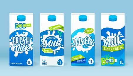 set of milk tetra pack with different labels. fresh and natural milk for your brand, logo, template, label, emblem for groceries, stores, packaging and advertising, marketing. vector illustration.