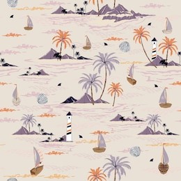 beautiful seamless island pattern on pastel background. landscape with palm trees,beach and ocean vector hand drawn style design for fashion,fabric,wallpaper,web and all prints