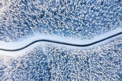 aerial view on the road and forest at the winter time. natural winter landscape from air. forest under snow a the winter time. landscape from drone
