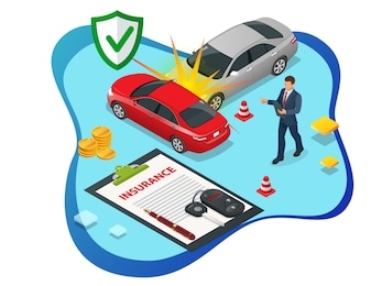 isometric car insurance services. auto insurance policy with cash and key fob. protection from danger, providing security.