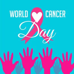 world cancer day background with hand and pink ribbon symbol
