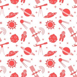 seamless pattern with telescope, ufo, satellite, planets, astronaut, orbital station, sun, stars. space exploration. astronomy. science.