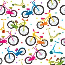 colorful cartoon bicycles seamless pattern with bikes of different construction and stars on white background used for sport magazine, textile, wrapping paper.