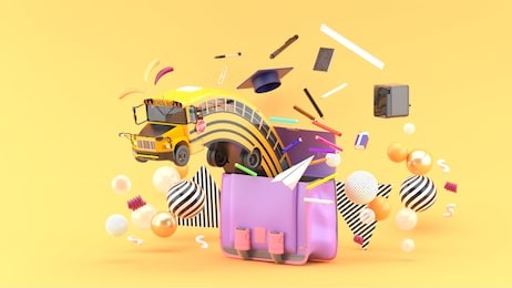 the school bus floats out of the school bag along with the school supplies on the orange background.-3d rendering.