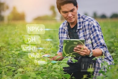 farmer, owner soybean farm using touch pad for check soybean quality in the field. smart farm with visual graphic 