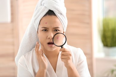 portrait of shocked asian woman with acne problem and magnifier in bathroom