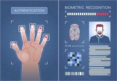 biometric authentication. two graphic screens representing biometric scanner and software module of a biometrical identification system. vector illustration on the subject of 'business security'.