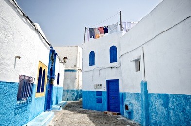 white and blue streets in the kasbah des oudaias, rabat, morocco