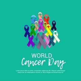 vector illustration of a background for world cancer day (february 4). colorful awareness ribbons blue, red, green, pink and yellow color for supporting people living and illness.