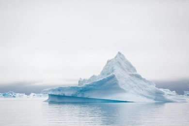 qooroq icefjord in southern greenland on a misty morning.